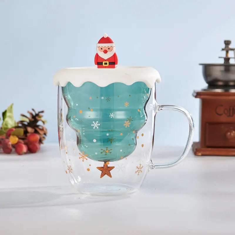 Caneca Árvore de Natal em Vidro Duplo com Tampa