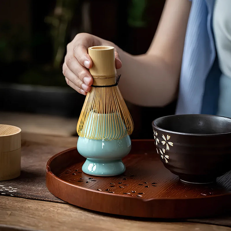 Conjunto Para Matcha em Carâmica e Bambu Com 3 Peças
