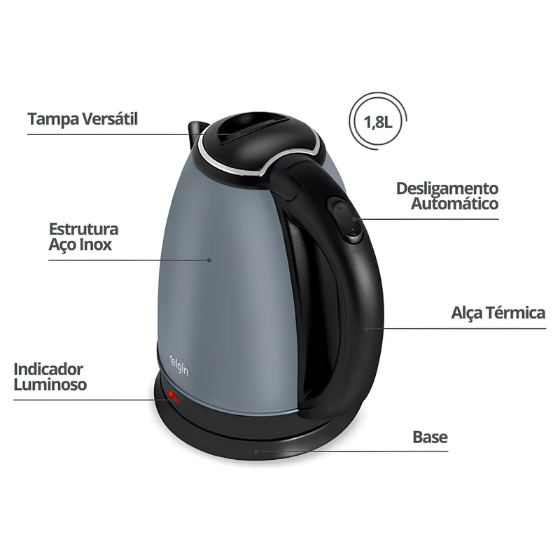 Chaleira Elétrica Inox 1,8 L Sem Fio | Aquecimento Rápido & Desligamento Automático