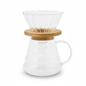 Kit Barista Cristal Wave – Porta Filtro V60 + Jarra 600ml + Suporte em Bambu