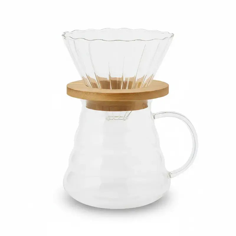 Kit Barista Cristal Wave – Porta Filtro V60 + Jarra 600ml + Suporte em Bambu