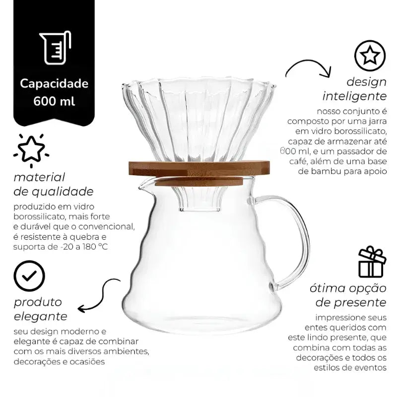 Kit Barista Cristal Wave – Porta Filtro V60 + Jarra 600ml + Suporte em Bambu