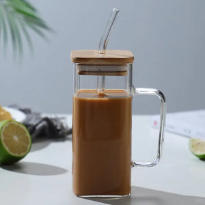 Caneca Square em Vidro e Madeira + Canudo de Vidro BRINDE!